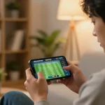 GG88 user placing live sports bets on smartphone in a cozy home setting, capturing the excitement of online gambling