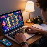 Engaged player experiencing the thrill of IDC88 JOKER online gaming on a laptop with vibrant graphics.