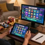 Engaging in IDCASH88 Slot gaming on a tablet in a cozy home setup, showcasing a responsible gambling atmosphere.