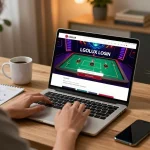 Engaging scene of online gambling with LGOLUX LOGIN visible on the laptop screen, emphasizing strategic play.
