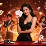 与telegram下载一起玩刺激的赌场游戏，展示一位手持扑克牌的华丽女性，身处奢华环境中。