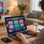 A person plays Agen Slot online in a modern home office with vibrant graphics on their laptop screen.
