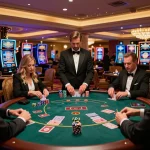 Players strategizing at a blackjack table in a luxurious casino, showcasing sc88seo in action.