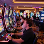 Players enjoying slot machines with thrilling excitement over a slot bet 400 on the colorful casino floor.