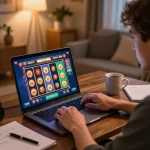 Person engages in online slot gaming while enjoying a cozy home atmosphere, key to imcatherinemcgrath's gaming strategies.