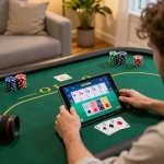 Xoso66 player engaging in poker strategy at home on a tablet, surrounded by cozy settings