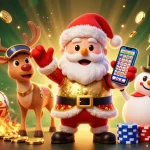 Spin to win with slot gacor terbaru in this vibrant casino scene featuring Santa and friends.