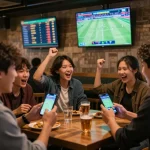 Fan engaging in judi bola at a sports bar, placing a lively bet on their smartphone amidst cheering friends.