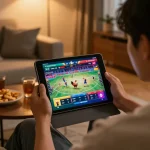 Experience trực tiếp đá gà on a tablet in a cozy home setting while placing bets.