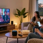 Group of friends enjoying a movie night with Pikashow APK streaming on TV