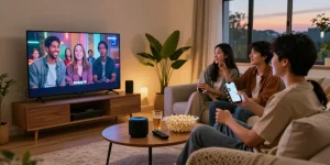 Group of friends enjoying a movie night with Pikashow APK streaming on TV