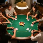 Play exciting GAME ONLINE with friends during an intense home poker night with colorful chips.