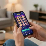 Player using NEGO77 app for exciting mobile casino gaming, showcasing vibrant slots
