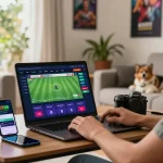 Player engaging with the XX88 online gaming platform in a cozy living room, showcasing the interactive and community aspects of online betting.