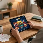 Player exploring Jun88 casino app on tablet, fostering responsible gambling in a cozy home setting.
