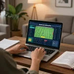 Engaging in sports betting on a laptop to check kèo nhà cái hôm nay in a cozy home environment.