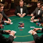 Players engaging in a strategic poker game at GK88 casino with rich green felt tables and warm lighting.