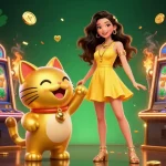 Engage with thrilling slot adventures at bl555 featuring a joyful woman and a golden lucky cat.
