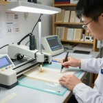 Bóc sổ đỏ ép plastic carefully being removed in a modern workshop environment, showcasing tools and technician's expertise.
