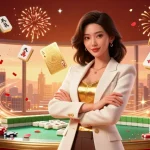 Engage with the vibrant XX88 casino atmosphere, featuring elegant Asian woman playing cards amidst dynamic elements.