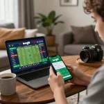 Bong99 user placing bets on a smartphone in a cozy living room, showcasing the excitement of online sports betting.