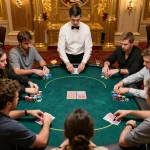 Mandy Roberts Yoga players strategizing during an intense poker game, showcasing vibrant casino atmosphere.
