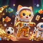 KQBD shows betting excitement with a golden space cat and sports elements amidst a cosmic backdrop.