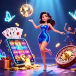 Experience red88 with vibrant slot games, gold coins, and a glamorous atmosphere in this animated illustration.