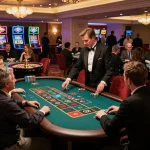 Engaged players placing bets on togel hk at a vibrant roulette table in an upscale casino setting.