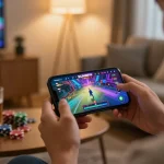 SUNWIN mobile gaming app showcasing vibrant gameplay on a smartphone, set in a cozy home environment.