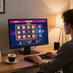 Engaging with SUNWIN casino games on a laptop in a cozy home office setup.