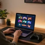 Engaging scene with LGOLUX LOGIN interface on a high-end laptop showcasing online gaming.