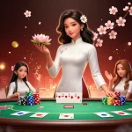 Experience ev99 with an elegant Asian woman at a dynamic poker table, showcasing thrilling casino elements.