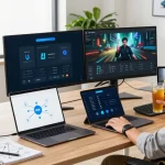 快连 VPN 在现代办公室环境中增强专业人员的安全网络连接，展示出生产力和舒适性。