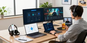 快连 VPN 在现代办公室环境中增强专业人员的安全网络连接，展示出生产力和舒适性。