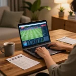 Engaging in situs toto betting at home using laptop for strategic gameplay decisions.