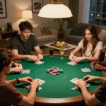 Engage in exciting online poker gameplay with friends at home, featuring cards and chips.