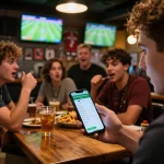 Engaging scene of kèo bóng đá ngày mai with friends discussing live betting strategies in a lively sports bar.