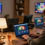 Player enjoying online casino games at home through 23win, showcasing a cozy and strategic gaming environment.