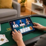 MPO ID player engaging in live dealer blackjack via tablet in a cozy home setting highlighting strategic gameplay.