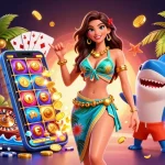 S8 players enjoying vibrant slot games with a tropical scene, featuring dynamic characters and festive elements.