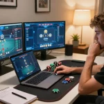Nego77 login as players strategize at an online poker game on multiple screens
