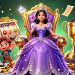 Experience thrilling gameplay with the royal x casino apk as a beautiful Asian princess holds a golden scepter amidst slot reels.