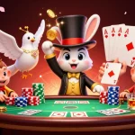 Alo8 magician rabbit pulls golden coins amidst poker chips and a glamorous dove.