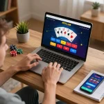 Engaged player using hitclub for online poker with warm home atmosphere and strategy notes.