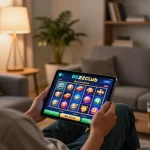 B52club user engaging with slot games on a tablet in a cozy home setting