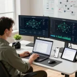 快连 network optimization specialist enhancing connectivity in a modern workspace with dual monitors and advanced tech gear.