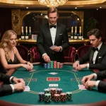 UG DEWA poker players strategizing in a high-stakes VIP gaming atmosphere.