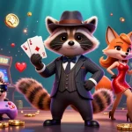 Experience the thrill of gaming with hay88, featuring a raccoon in a royal flush hand.