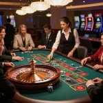 Engaging players at a roulette table experience Pragmati Play action in a luxurious casino.